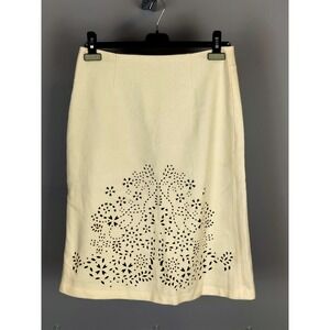 Sandra Angelozzi Wool Laser Cut Floral Skirt Womens 38 Ivory Black A-Line Knee
